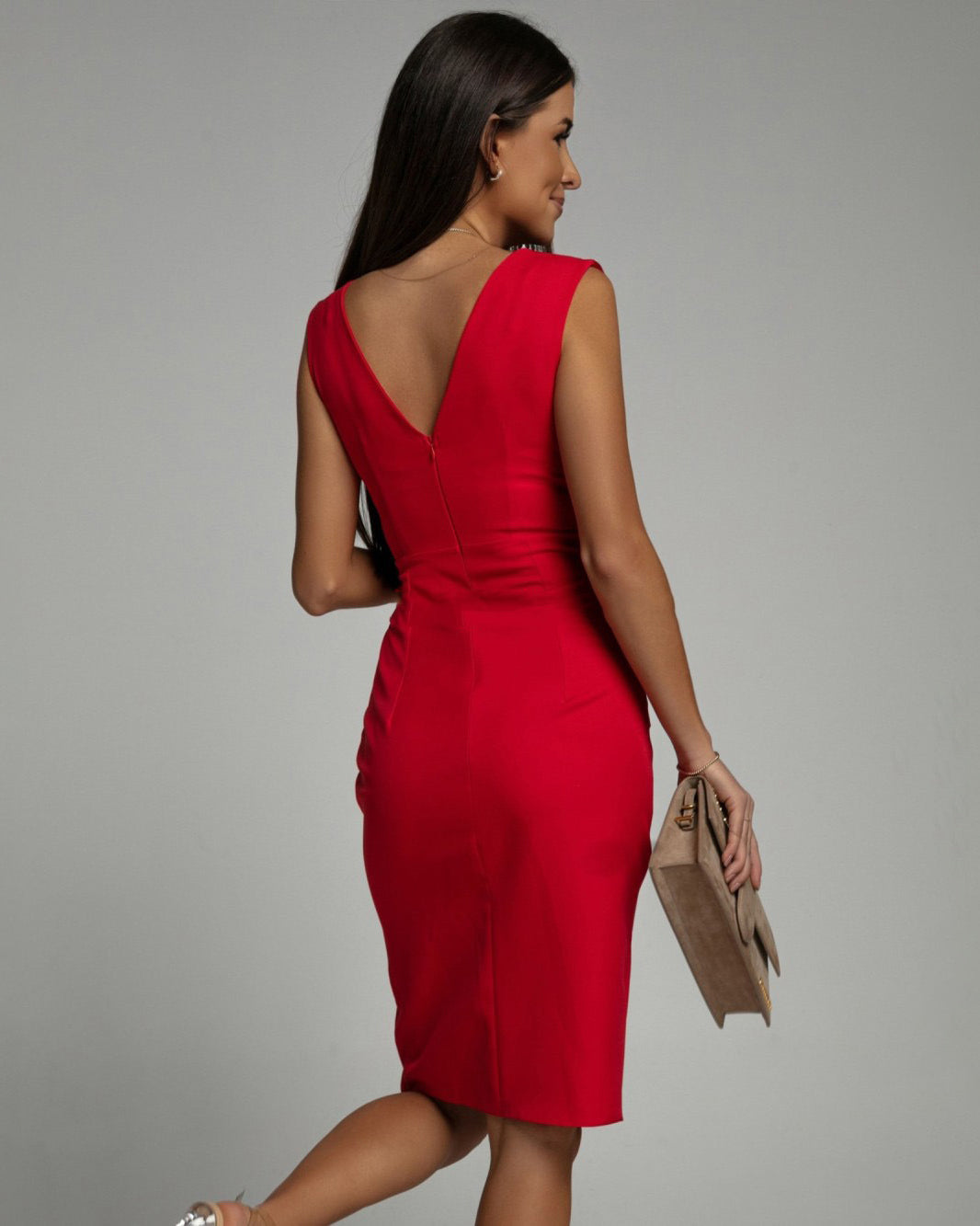 Fresia – Rochie Damă Chic, Ajustată cu Decolteu în V și Fustă Midi cu Slit