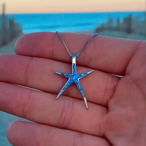 Colier cu Opal Albastru și Stea de Mare din Argint