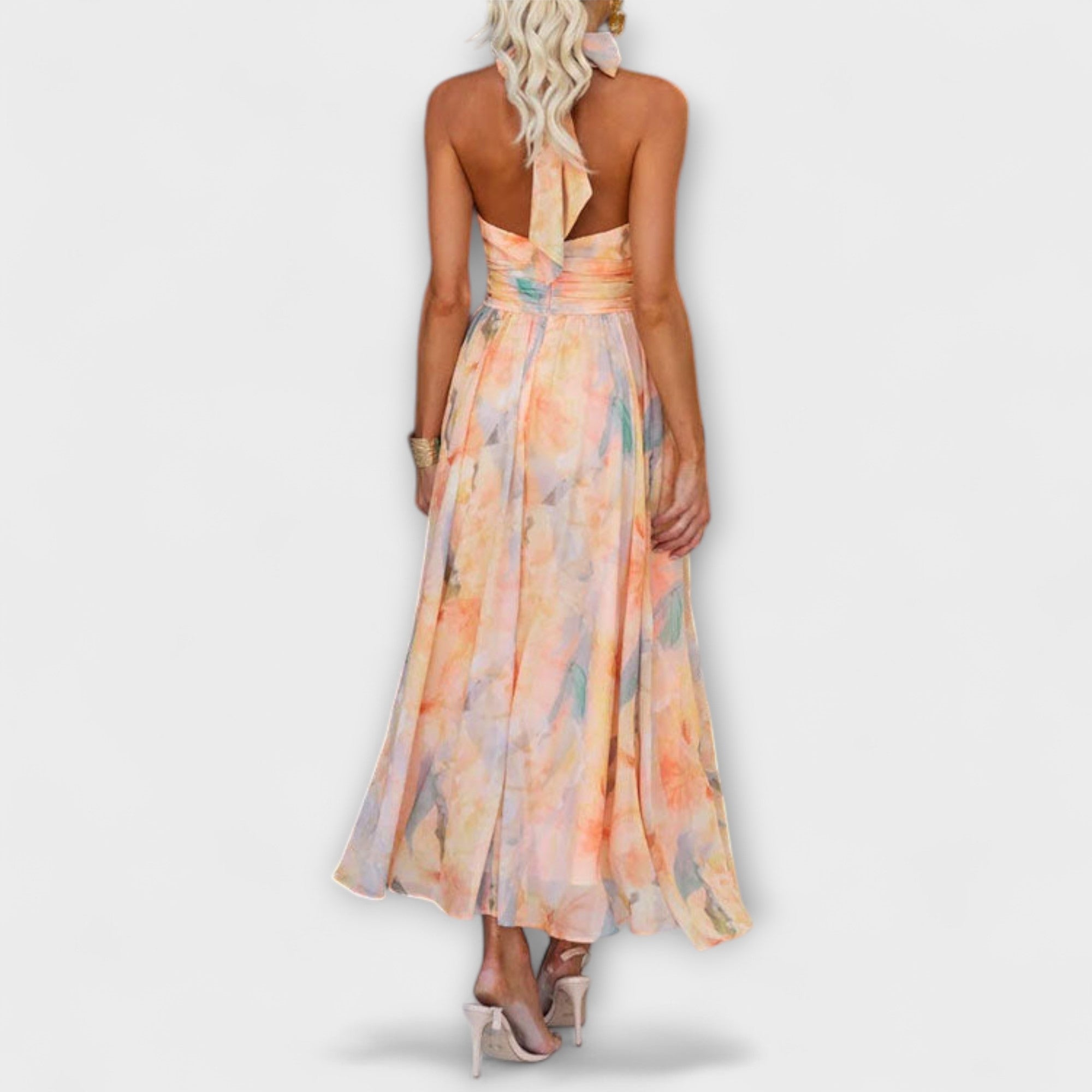 Rochie Maxi cu Decolteu Halter și Imprimare Aquarel