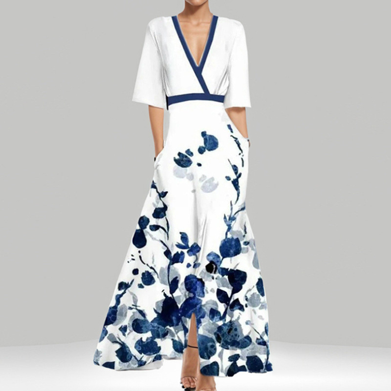 Elise – Rochie Maxi Florală Elegantă cu Decolteu în V și Mâneci Vaporoase