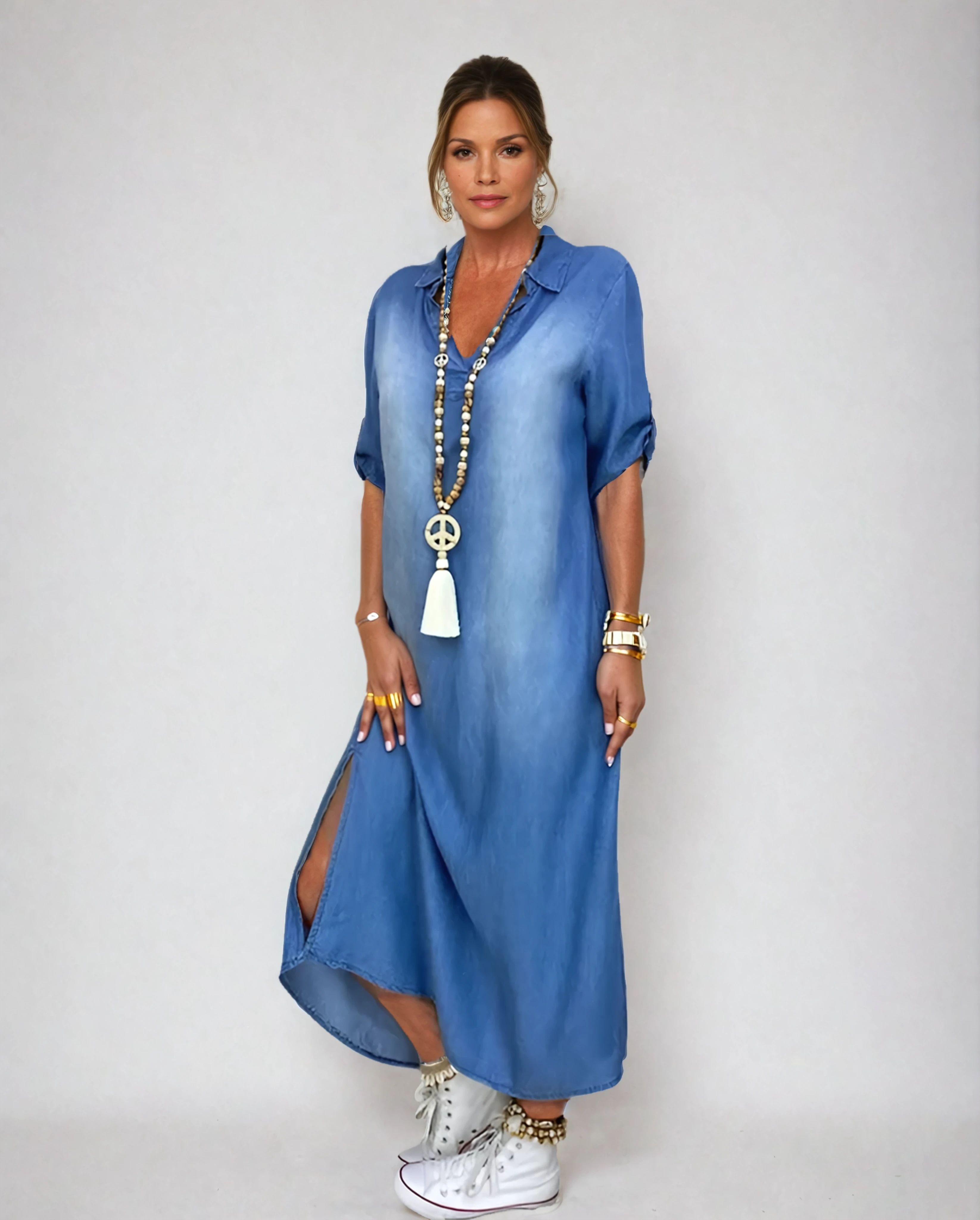 Lea | Rochie lungă din denim cu fante laterale
