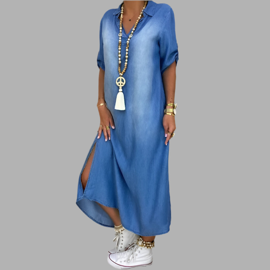 Lea | Rochie lungă din denim cu fante laterale
