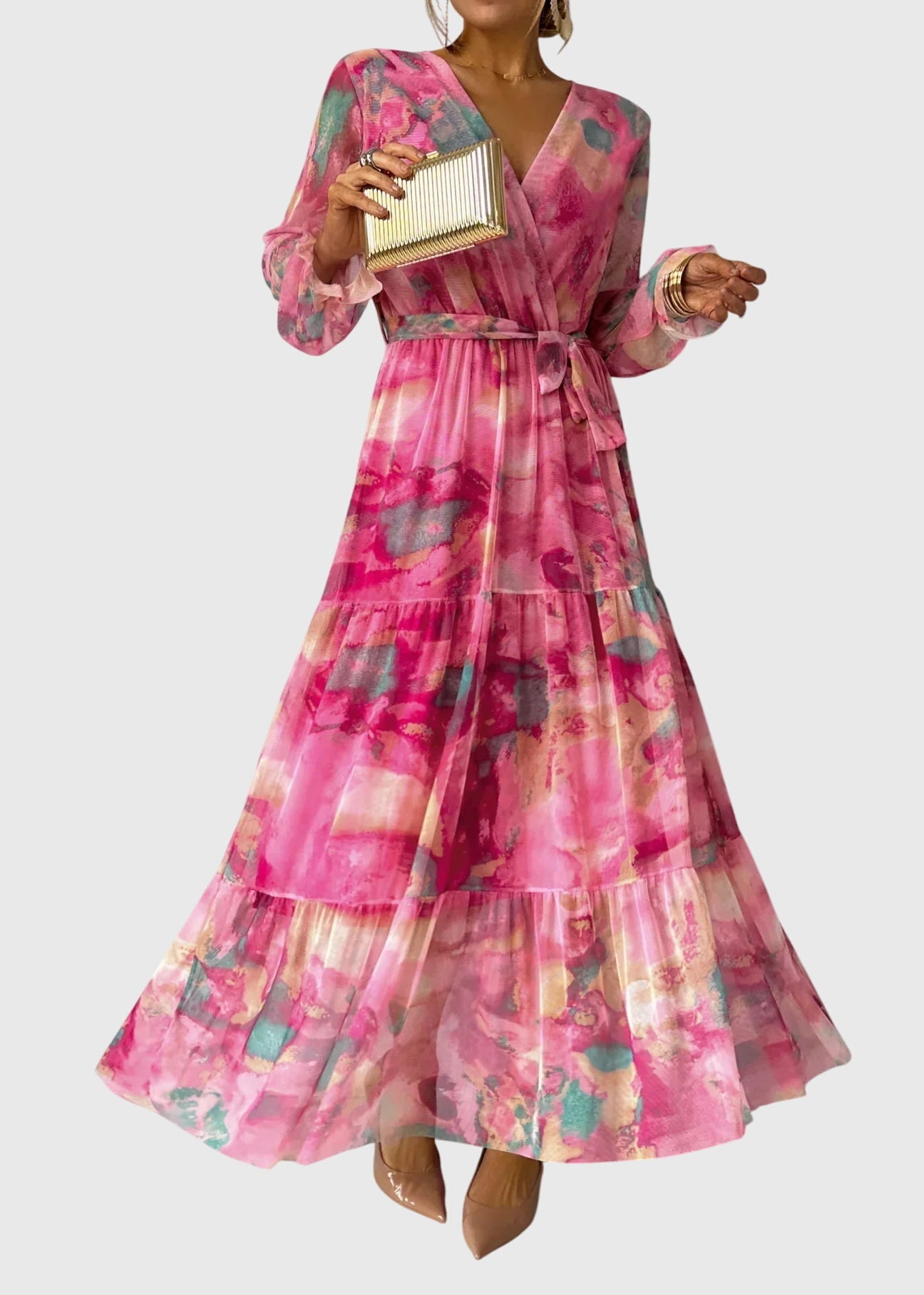 Amber - Rochie Maxi cu Imprimeu Floral și Mâneci Lungi