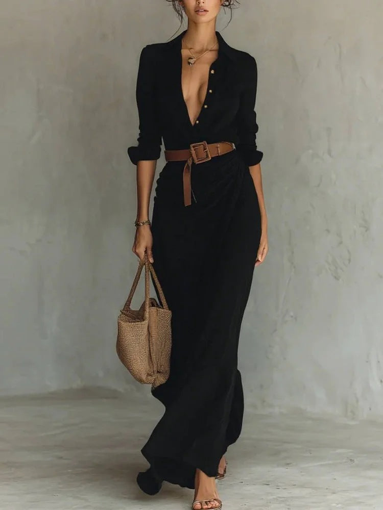 Thames Tailor – Rochie de Damă Maxi Wrap cu Rever Elegant