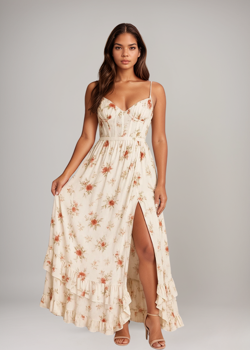 Yana – Rochie Maxi de Damă Elegantă cu Volane și Imprimeu Floral