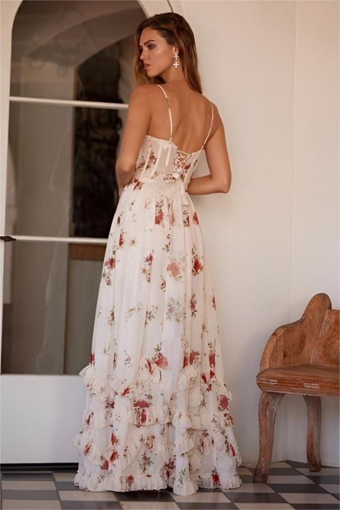 Yana – Rochie Maxi de Damă Elegantă cu Volane și Imprimeu Floral