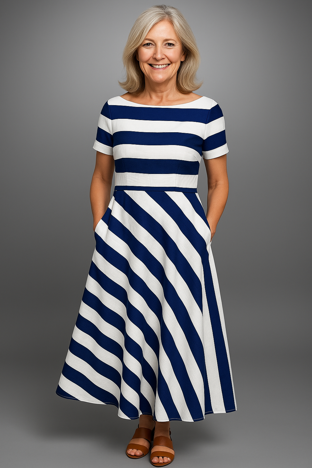 Natalia – Rochie de Damă Lungă din Dantelă, Realizată Manual cu Dungi
