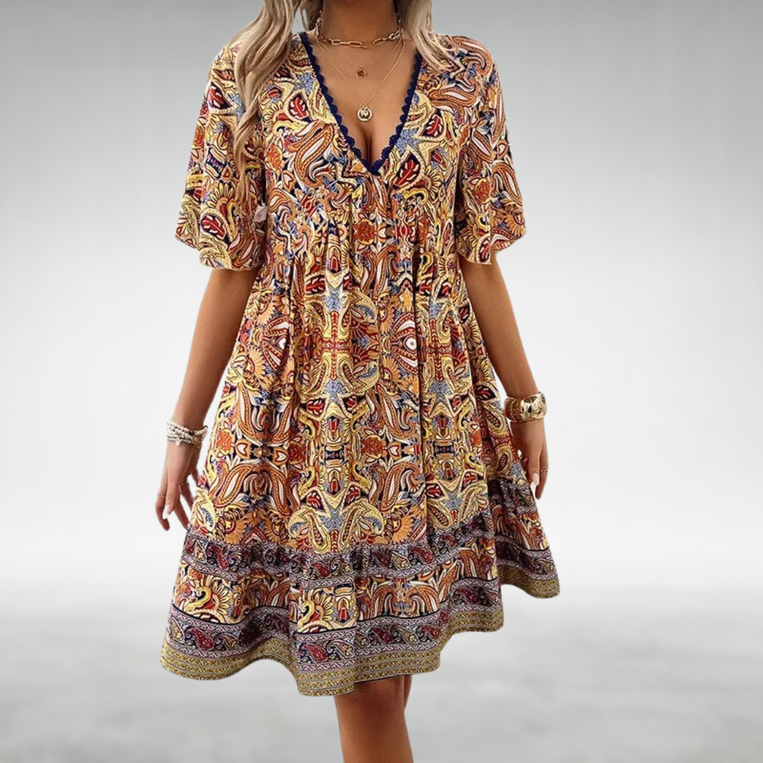 Saylor - Rochie de Vară cu Decolteu în V, Imprimare Paisley Boho