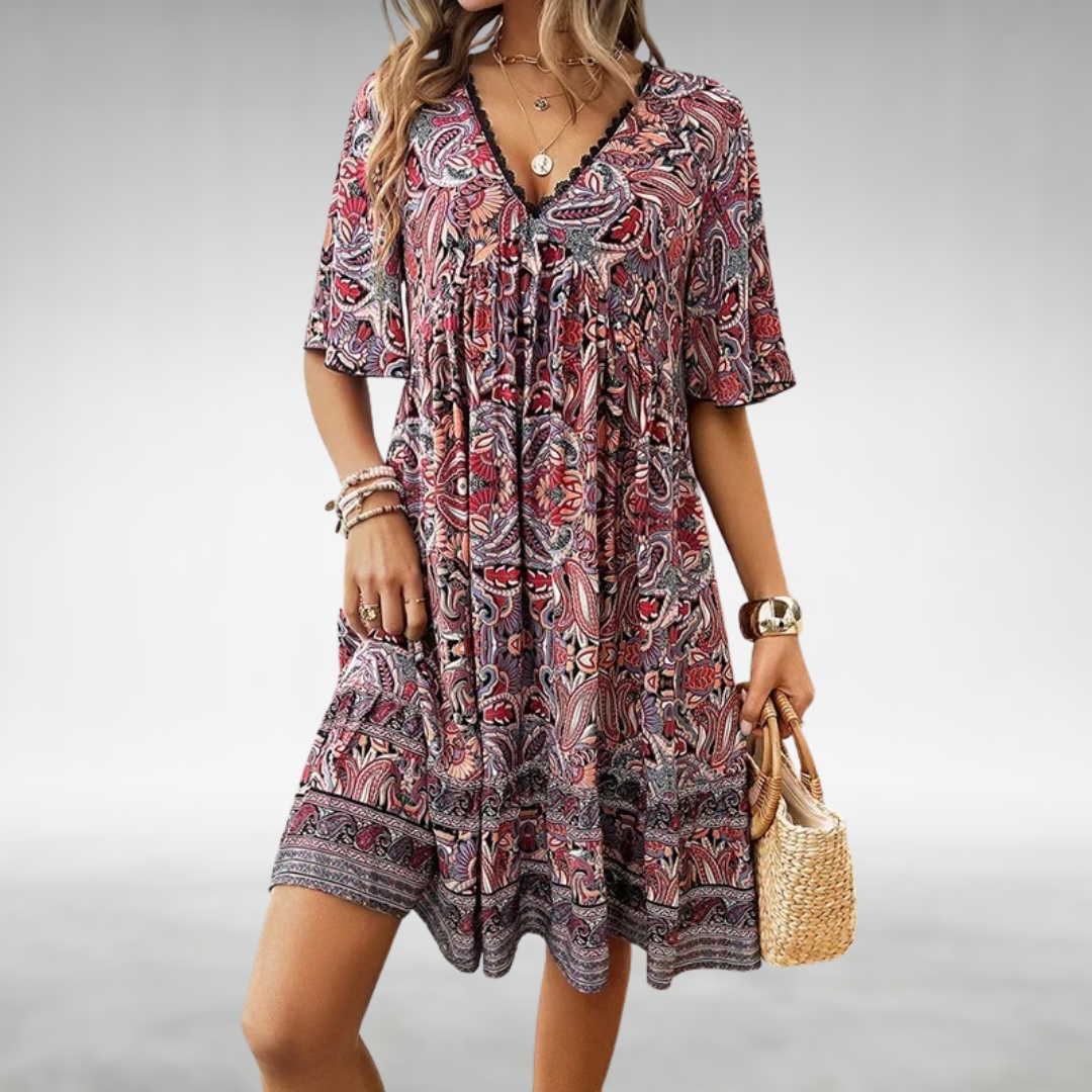 Saylor - Rochie de Vară cu Decolteu în V, Imprimare Paisley Boho