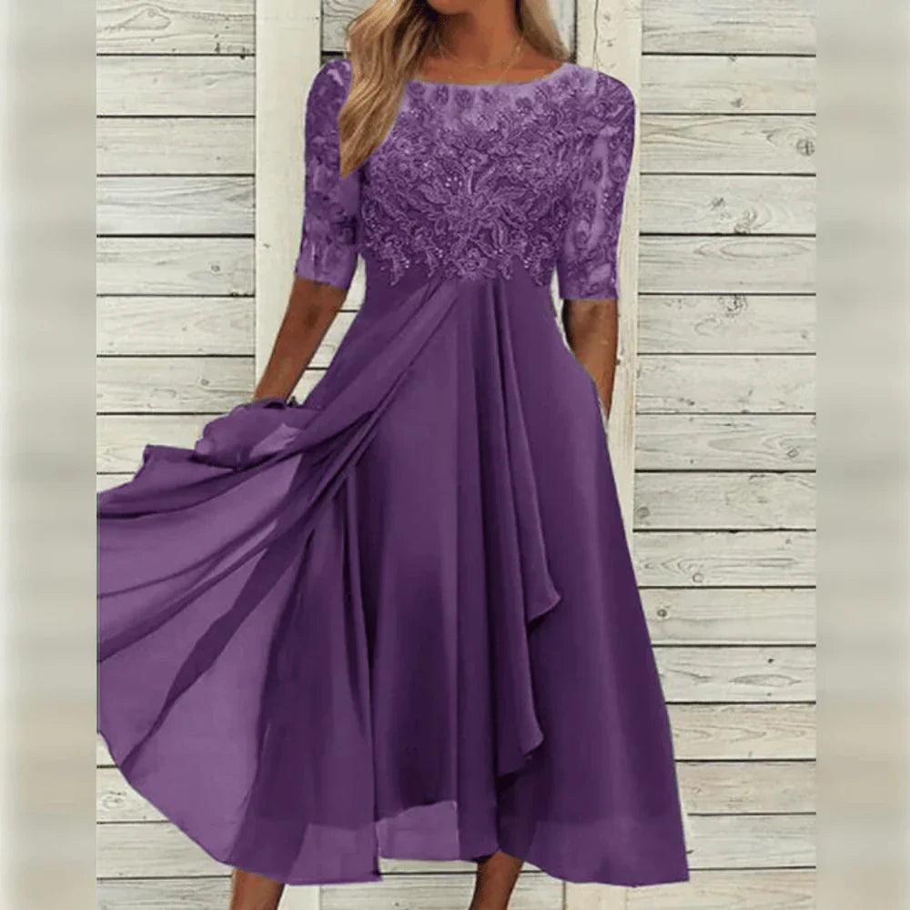 Leni – Rochie de Damă Elegantă din Chiffon cu Top Brodat