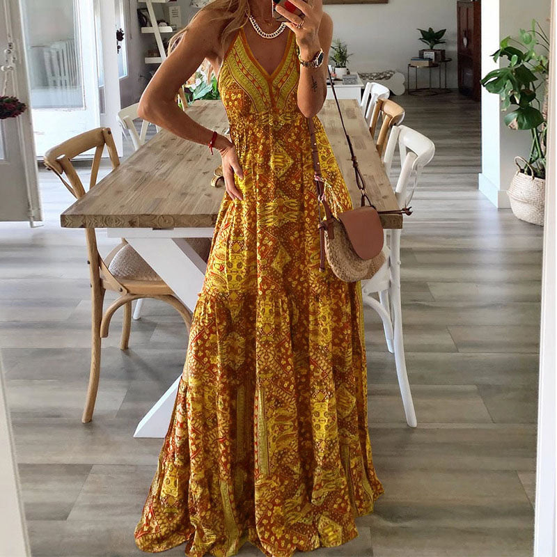 Wren - Rochie Maxi Boho cu Bretele Spaghete și Decolteu în V