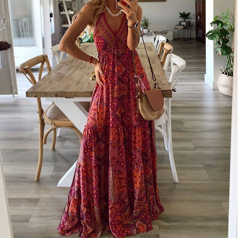 Wren - Rochie Maxi Boho cu Bretele Spaghete și Decolteu în V