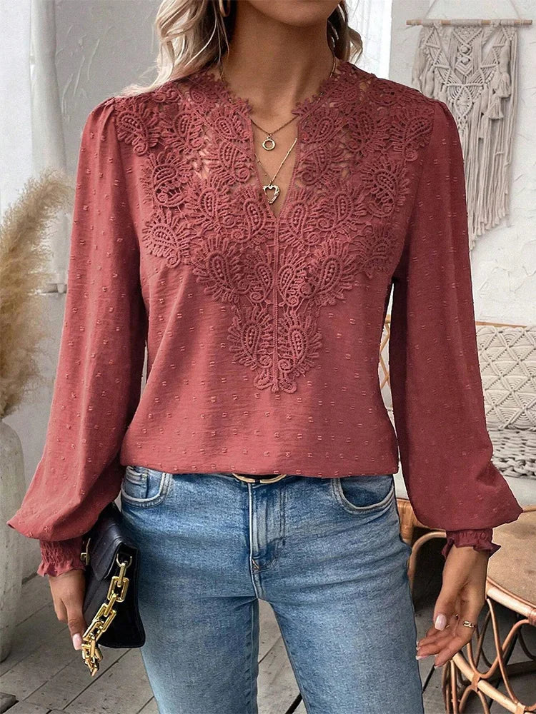 Charlene – Bluză de Damă Elegantă cu Decolteu în V și Mâneci Lungi