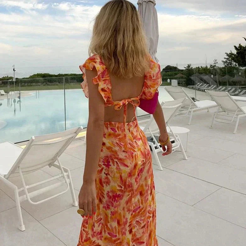 Lila – Rochie Maxi de Damă cu Volane și Imprimare Florală