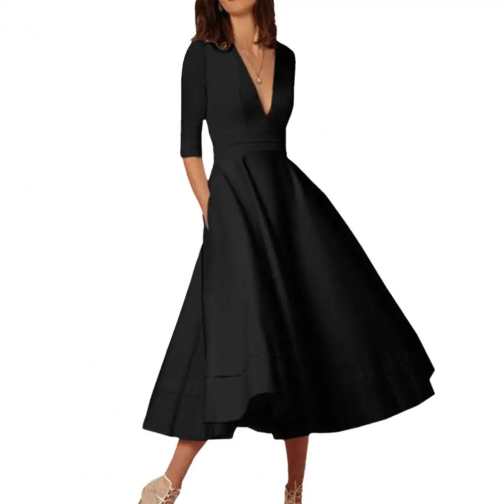 Rebekka – Rochie Midi Femei A-linie cu Mâneci Trei Sferturi Vară
