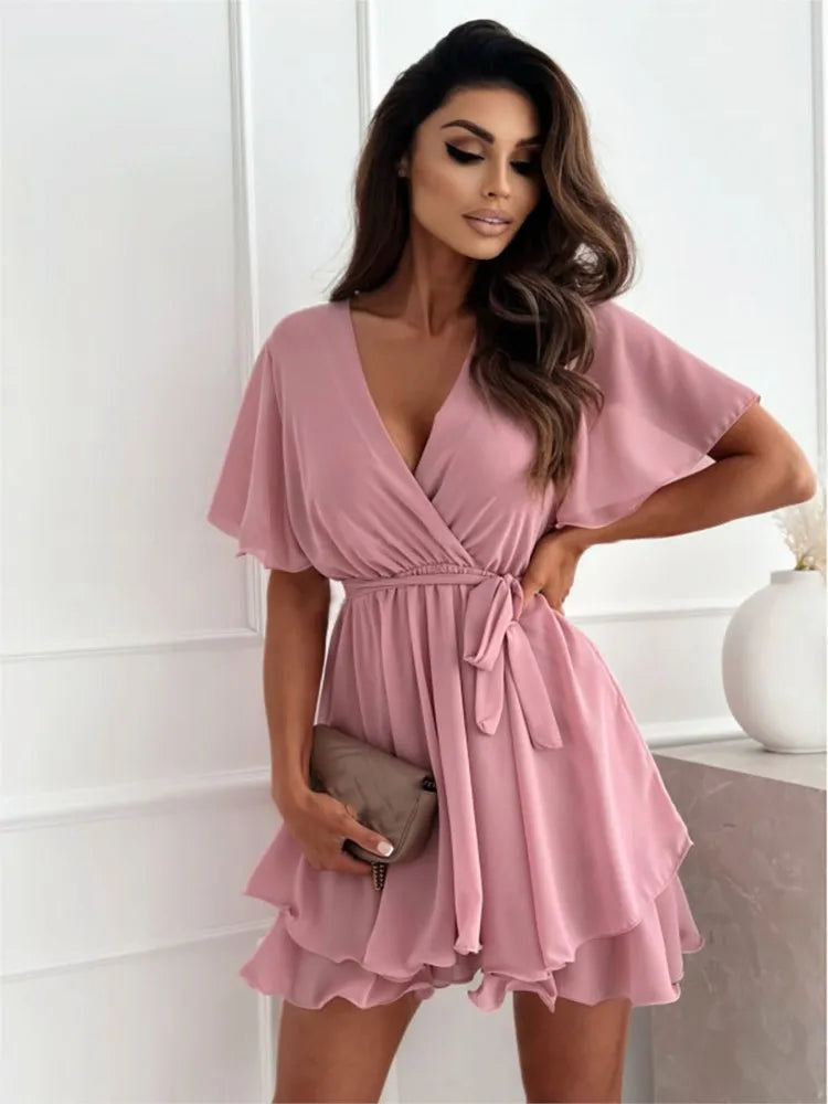 Rhea – Rochie de Damă Tip Wrap cu Volane din Chiffon Elegantă de Vară