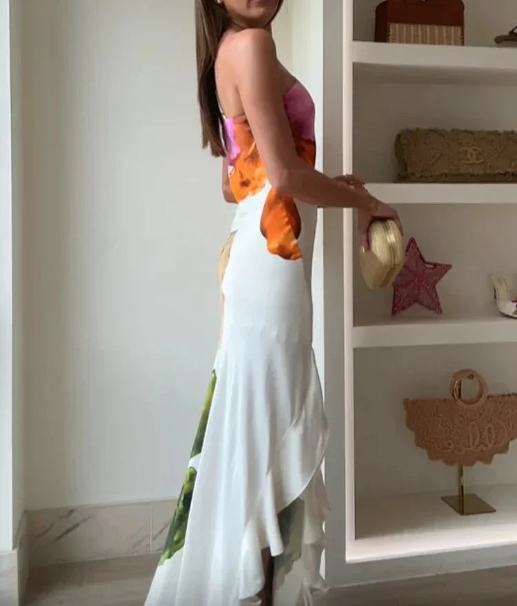 Jorgina – Rochie de Damă Maxi Asimetrică cu Volane și Imprimeu Floral
