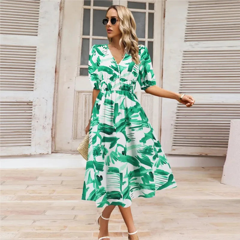 Kristien – Rochie Midi Elegantă de Damă cu Decolteu în V Verde