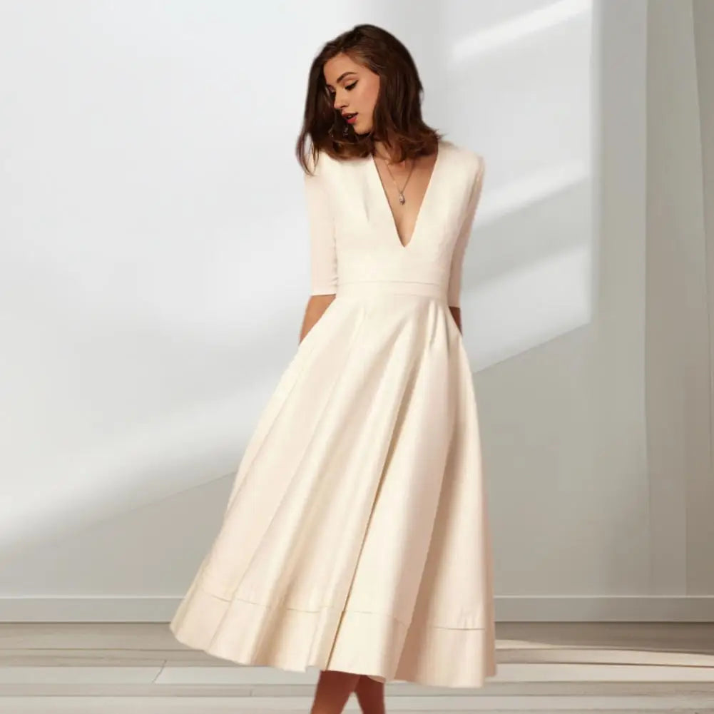 Rebekka – Rochie Midi Femei A-linie cu Mâneci Trei Sferturi Vară