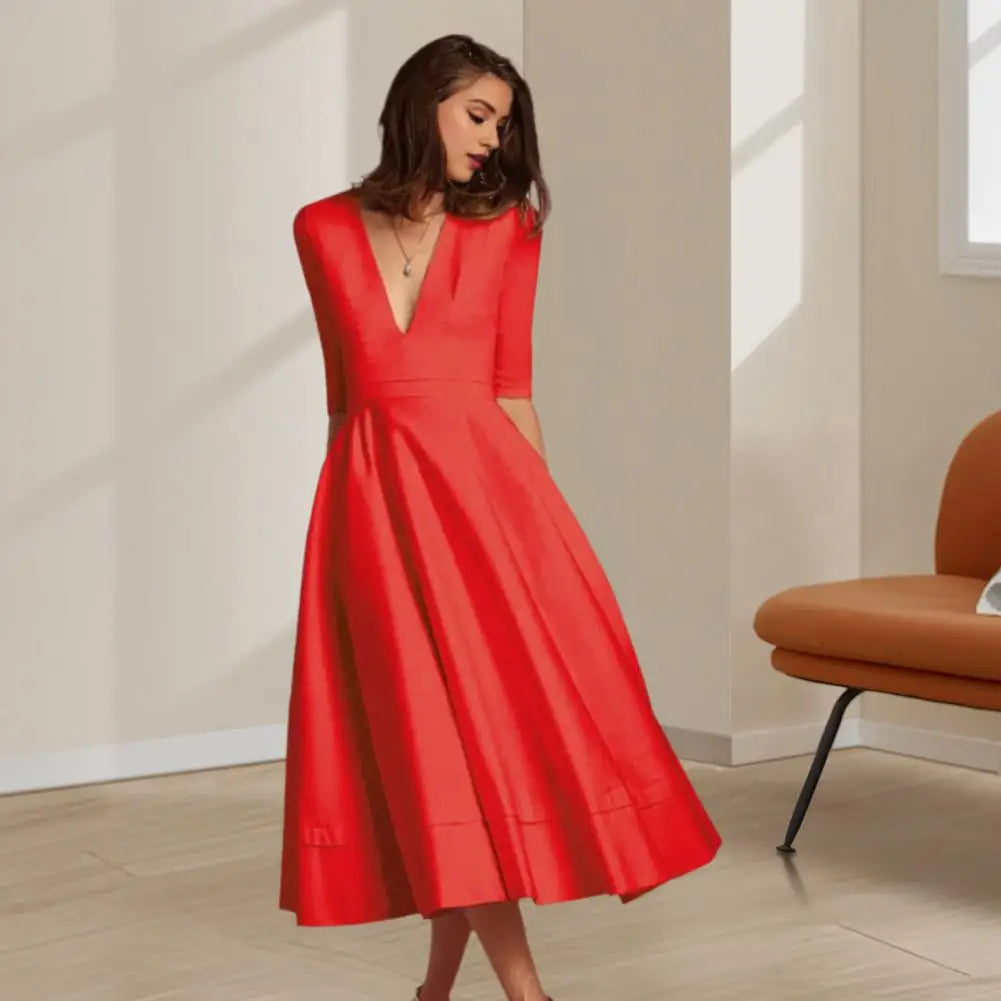 Rebekka – Rochie Midi Femei A-linie cu Mâneci Trei Sferturi Vară