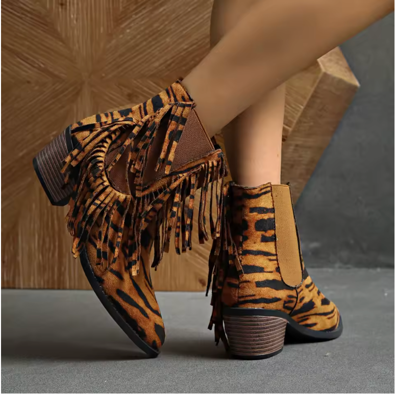 Tigra – Botine de Damă cu Franjuri și Print Tigru