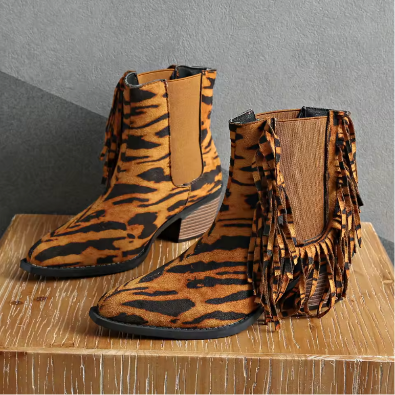Tigra – Botine de Damă cu Franjuri și Print Tigru