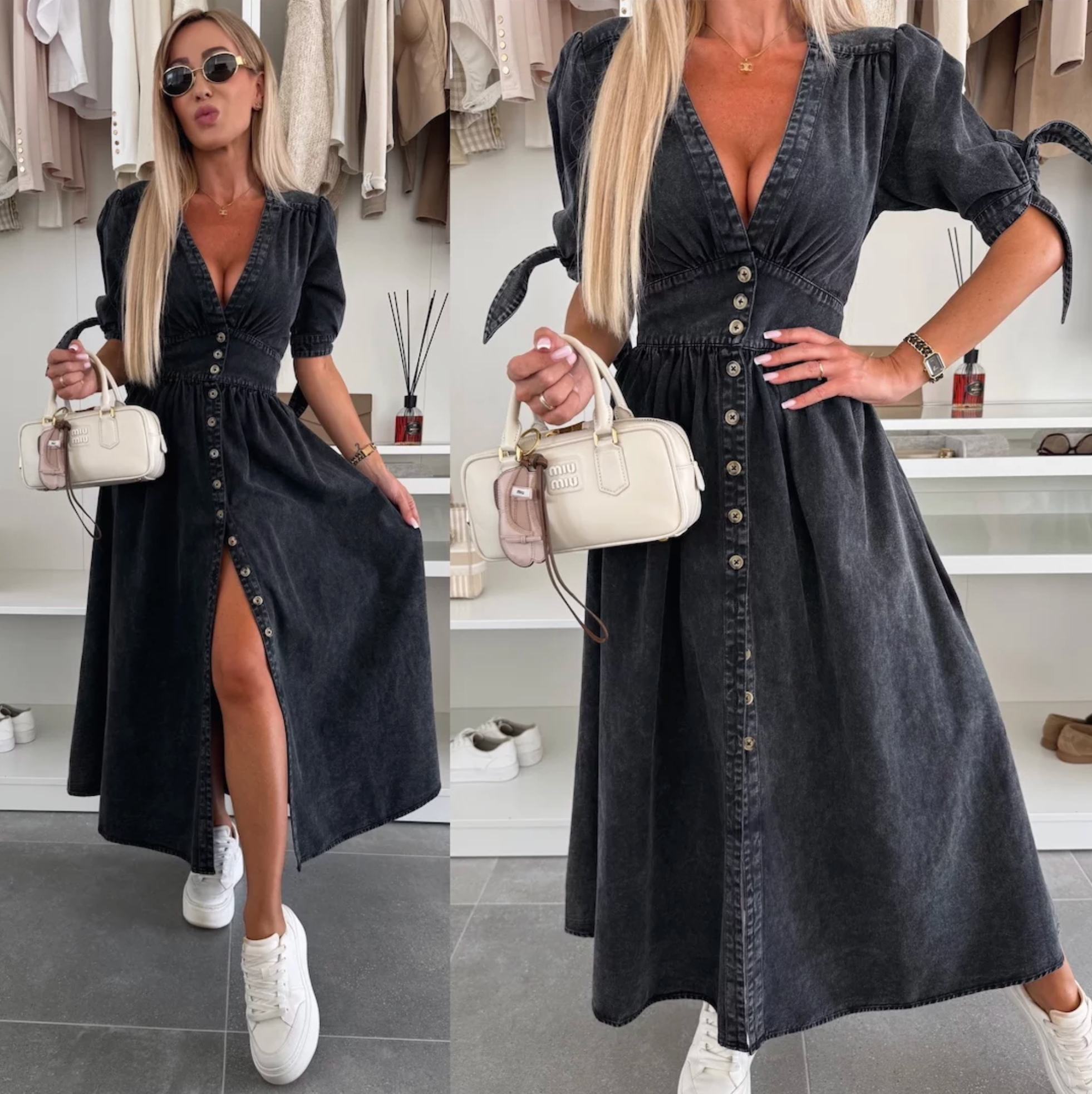 Luise – Rochie de Damă Denim Elegantă cu Detalii Strălucitoare