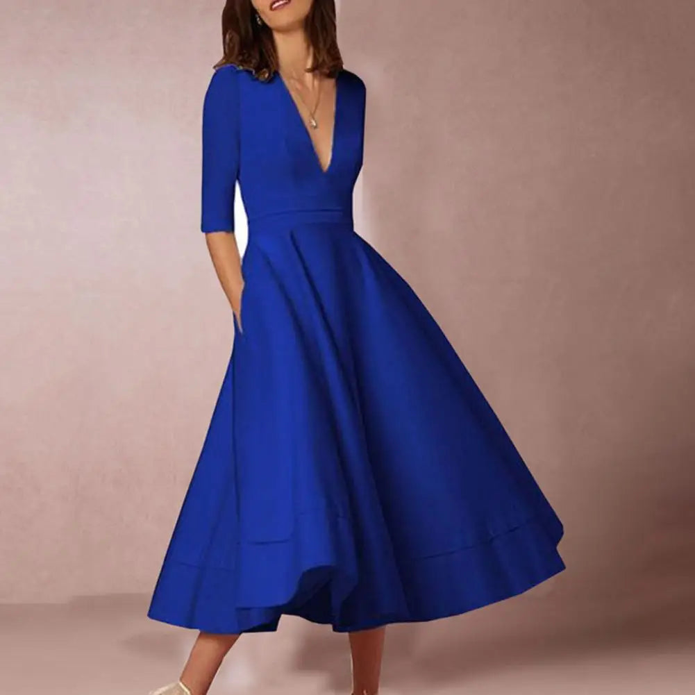 Rebekka – Rochie Midi Femei A-linie cu Mâneci Trei Sferturi Vară