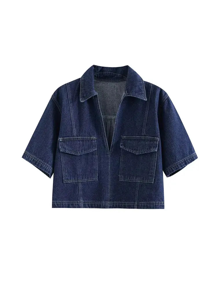Set Denim Chic – Top Crop Slim Fit și Fustă Asimetrică