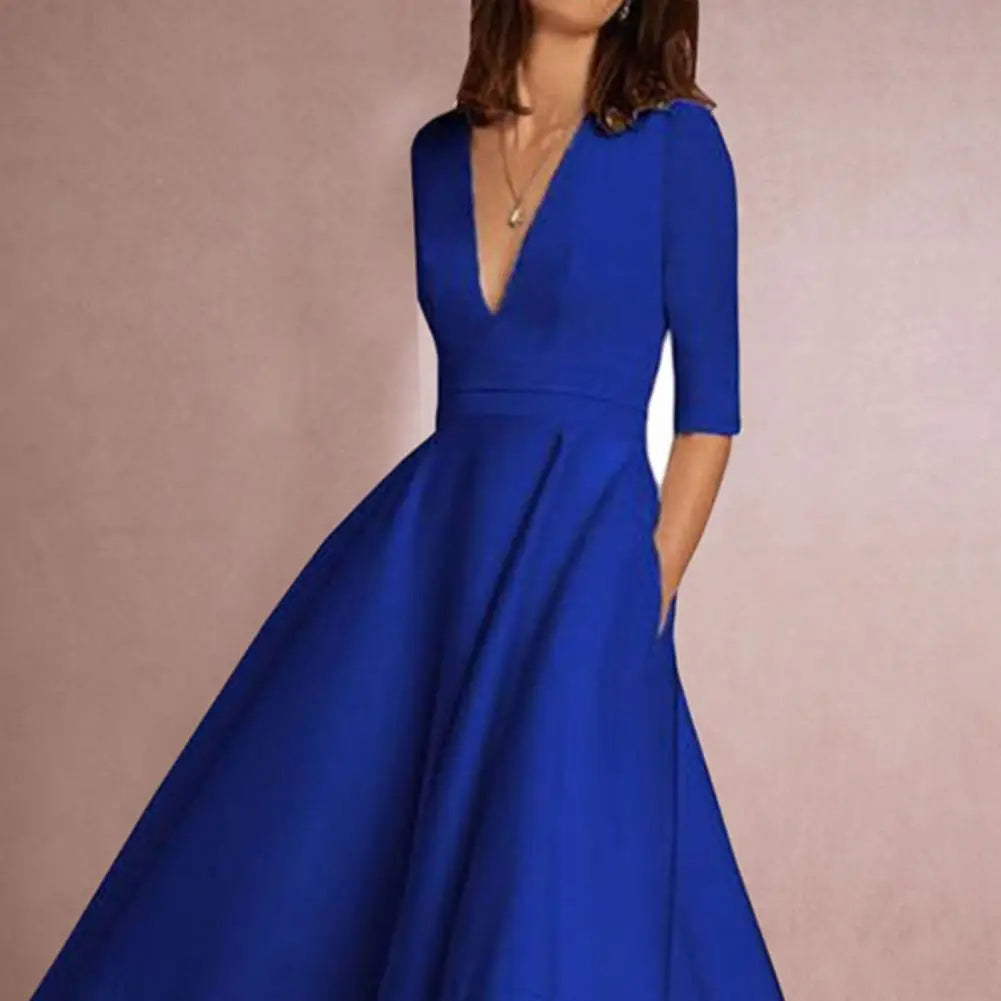 Rebekka – Rochie Midi Femei A-linie cu Mâneci Trei Sferturi Vară
