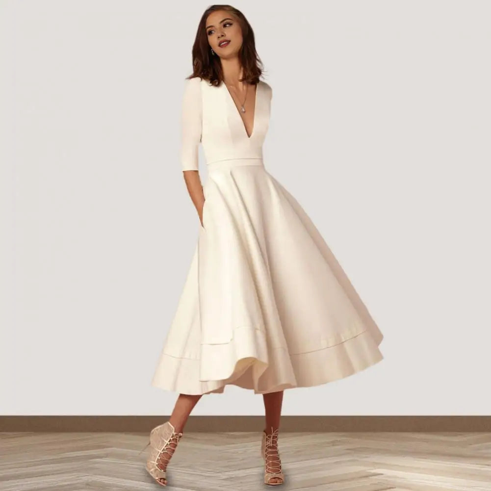 Rebekka – Rochie Midi Femei A-linie cu Mâneci Trei Sferturi Vară