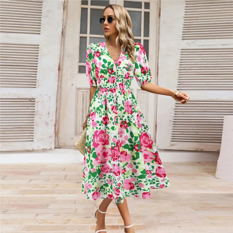 Kristien – Rochie Midi Elegantă de Damă cu Decolteu în V Verde