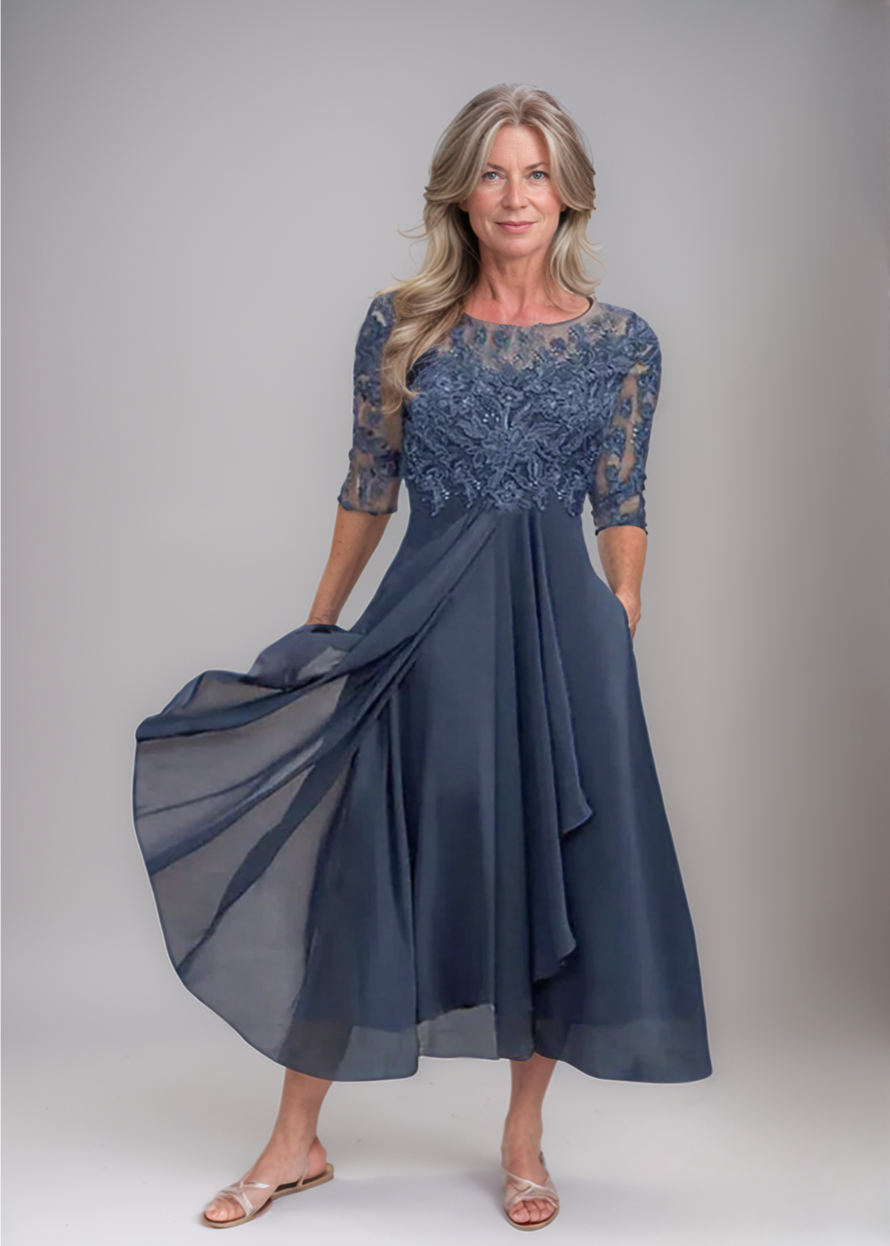 Leni – Rochie de Damă Elegantă din Chiffon cu Top Brodat
