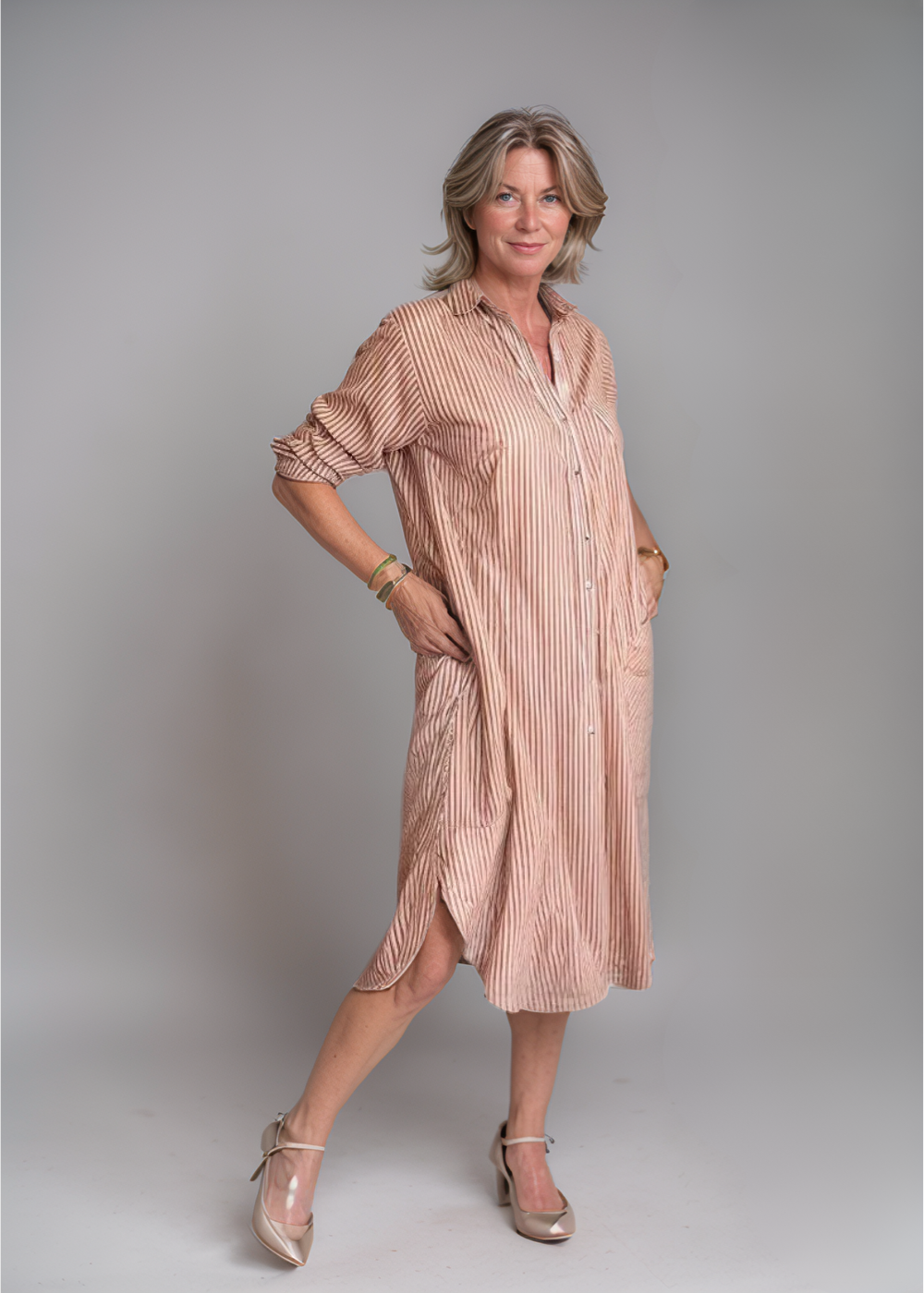 Alina™ | Rochie cămașă cu dungi și nasturi