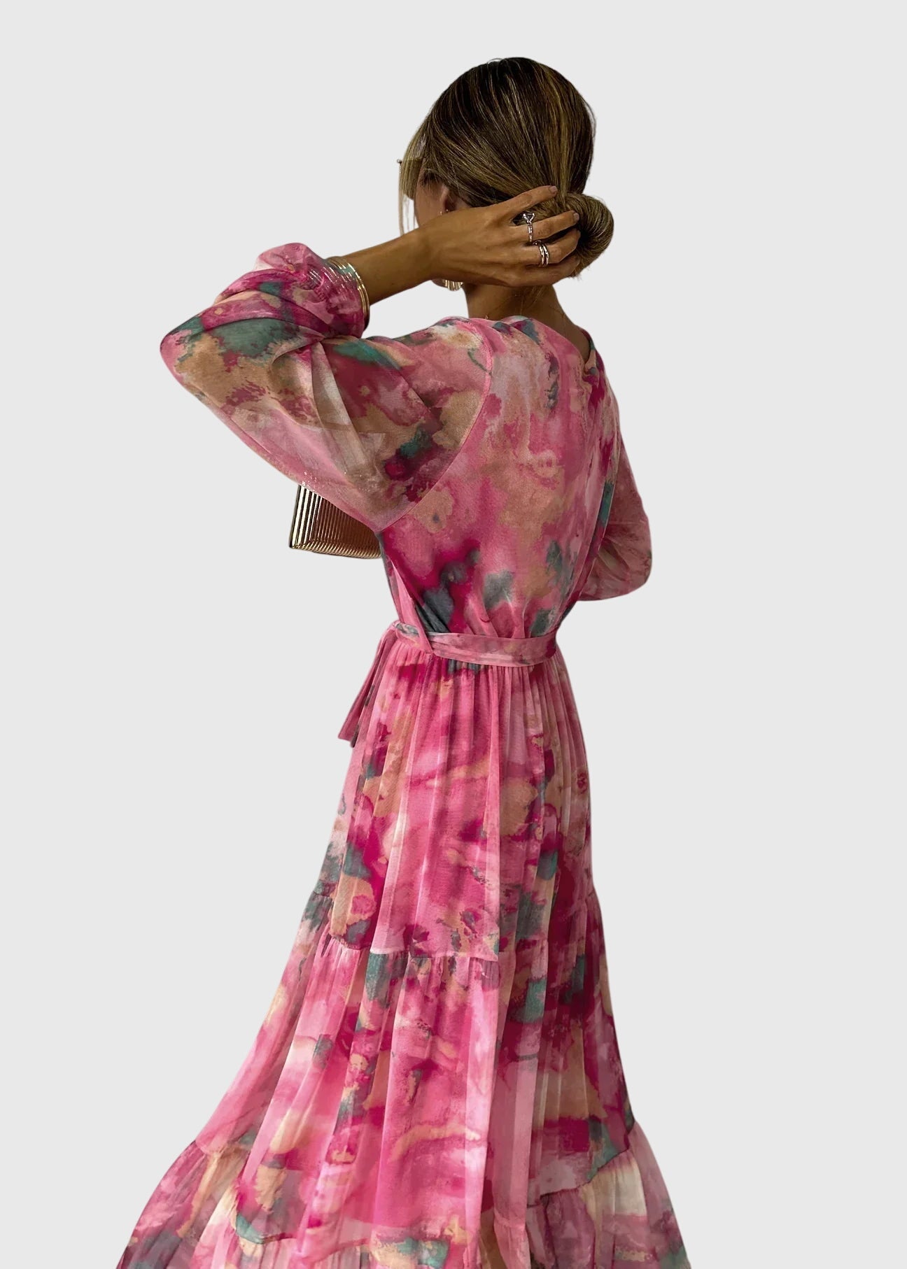 Amber - Rochie Maxi cu Imprimeu Floral și Mâneci Lungi