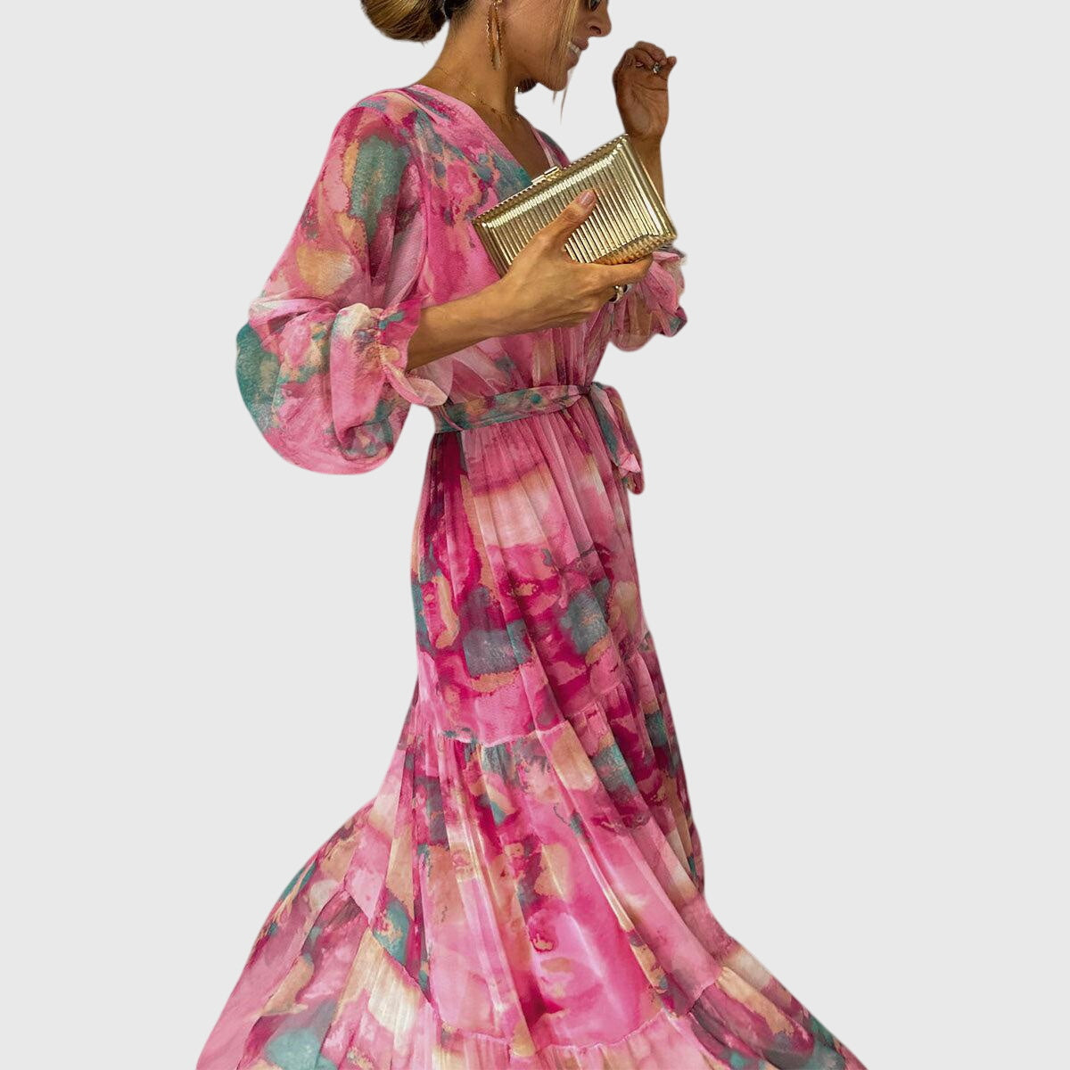 Amber - Rochie Maxi cu Imprimeu Floral și Mâneci Lungi