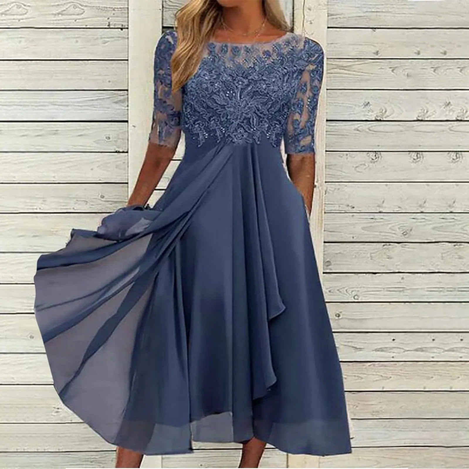 Leni – Rochie de Damă Elegantă din Chiffon cu Top Brodat