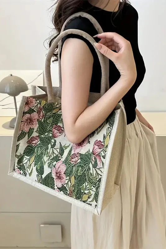 Geantă Jute Taila cu Imprimare Florală și Design Eco-Friendly