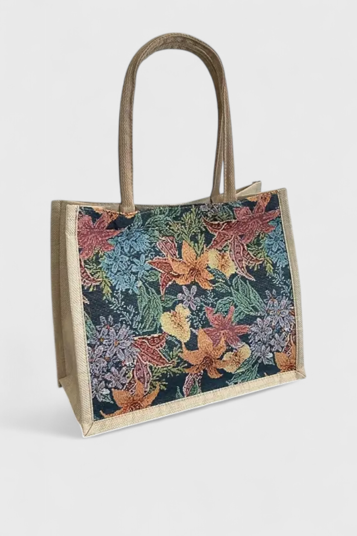 Geantă Jute Taila cu Imprimare Florală și Design Eco-Friendly