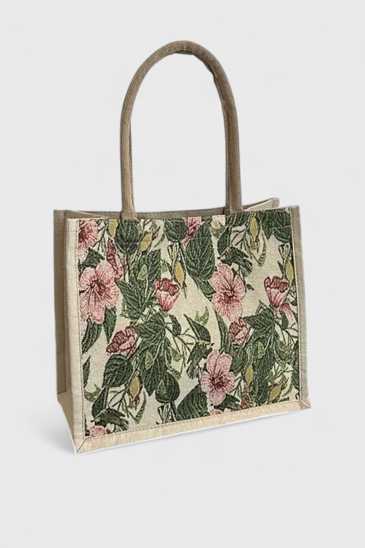 Geantă Jute Taila cu Imprimare Florală și Design Eco-Friendly