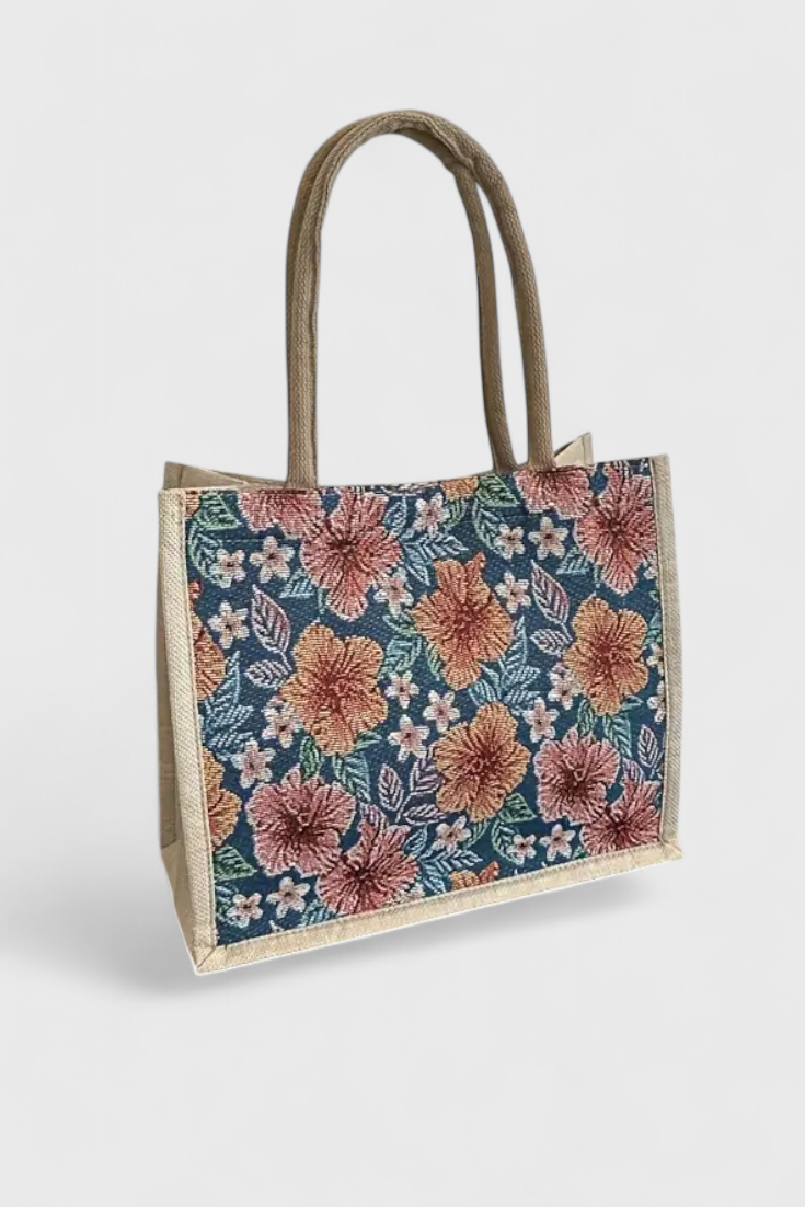 Geantă Jute Taila cu Imprimare Florală și Design Eco-Friendly