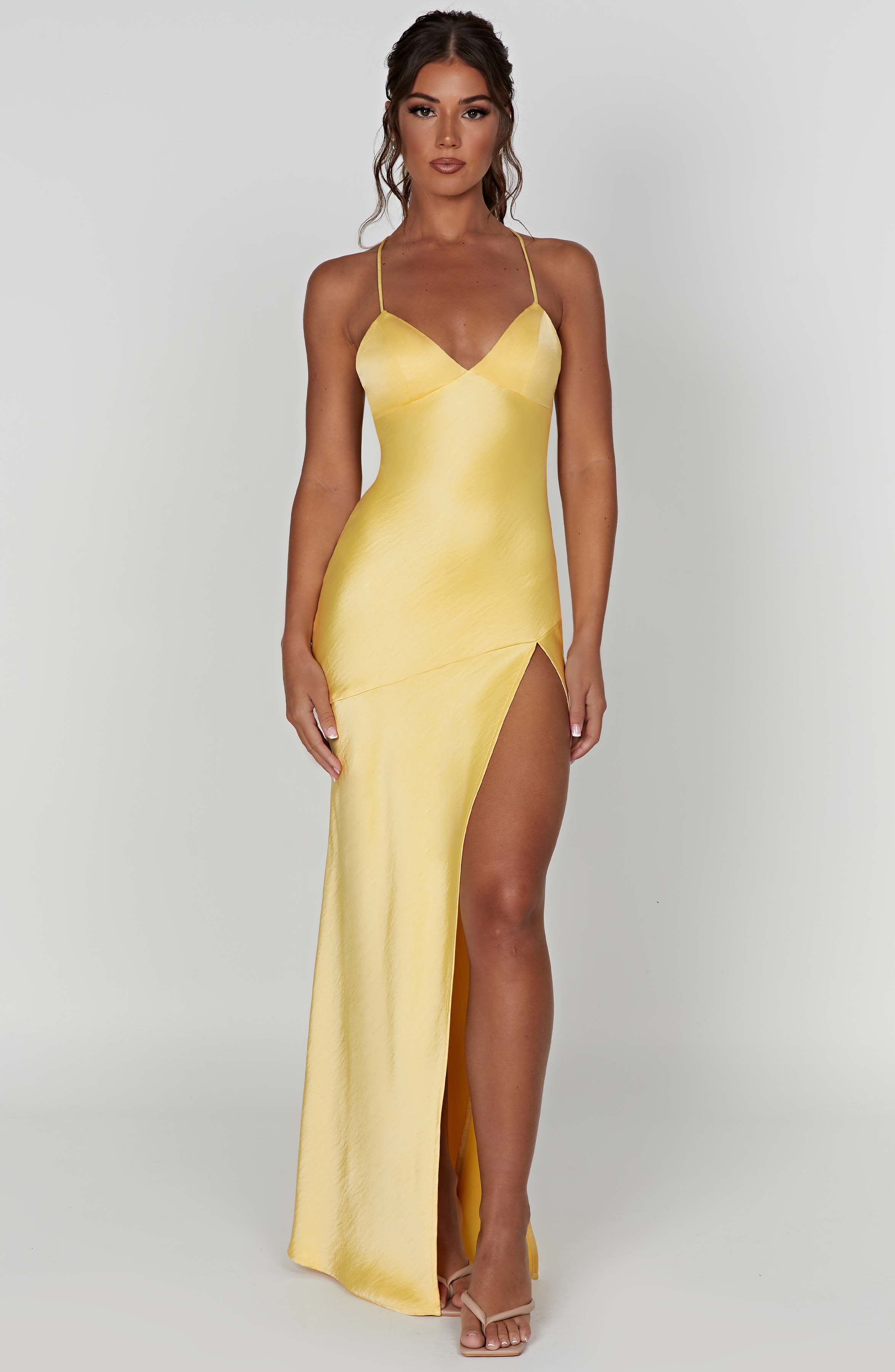 Meliva – Rochie Maxi de Damă cu Decolteu Înalt Satinată