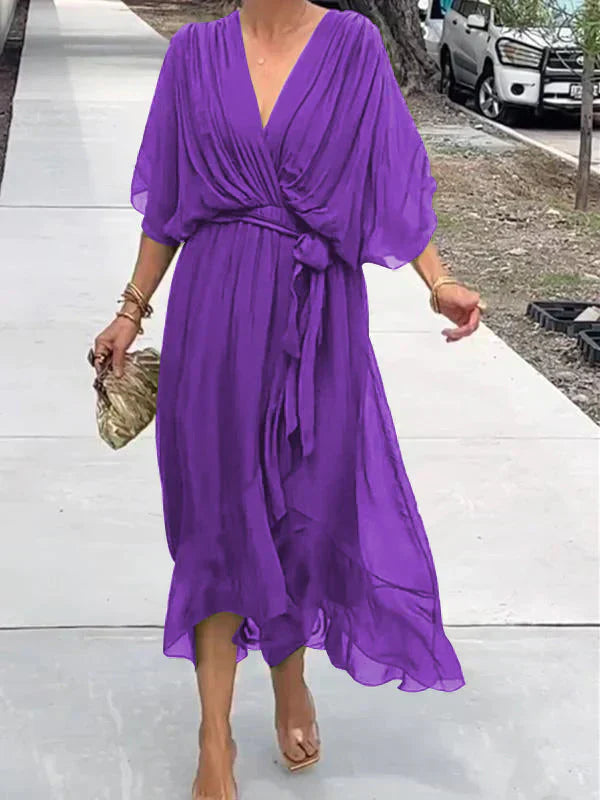 Aurora – Rochie Midi Damă din Chiffon, Stil Înfașurat, Vară