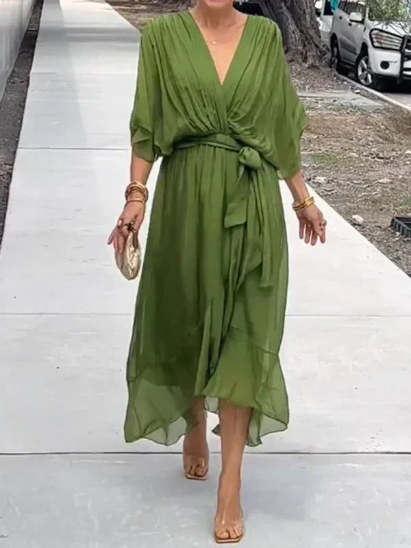 Aurora – Rochie Midi Damă din Chiffon, Stil Înfașurat, Vară