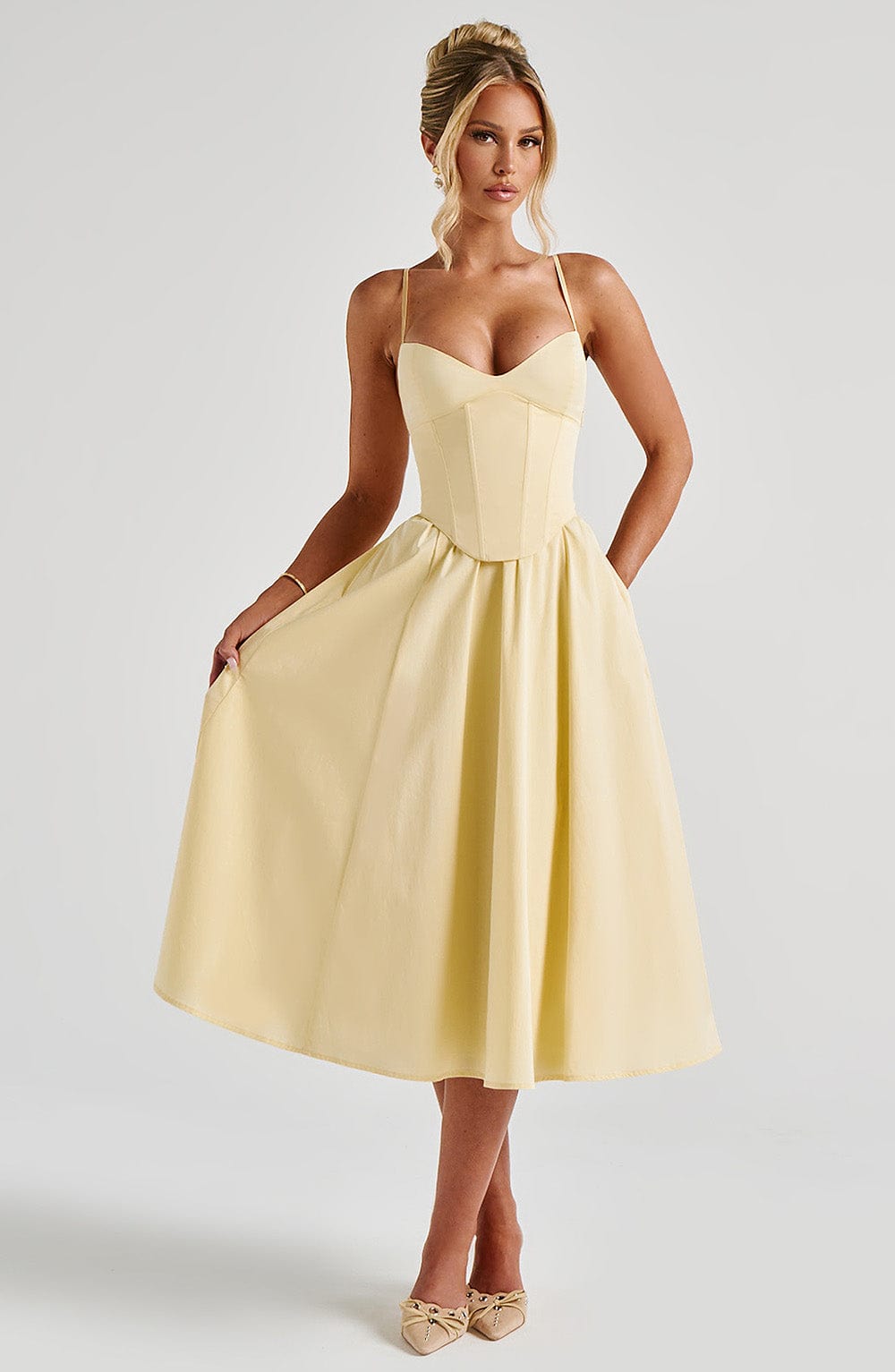 Grace – Rochie Midi Corset Elegantă Roz Blush