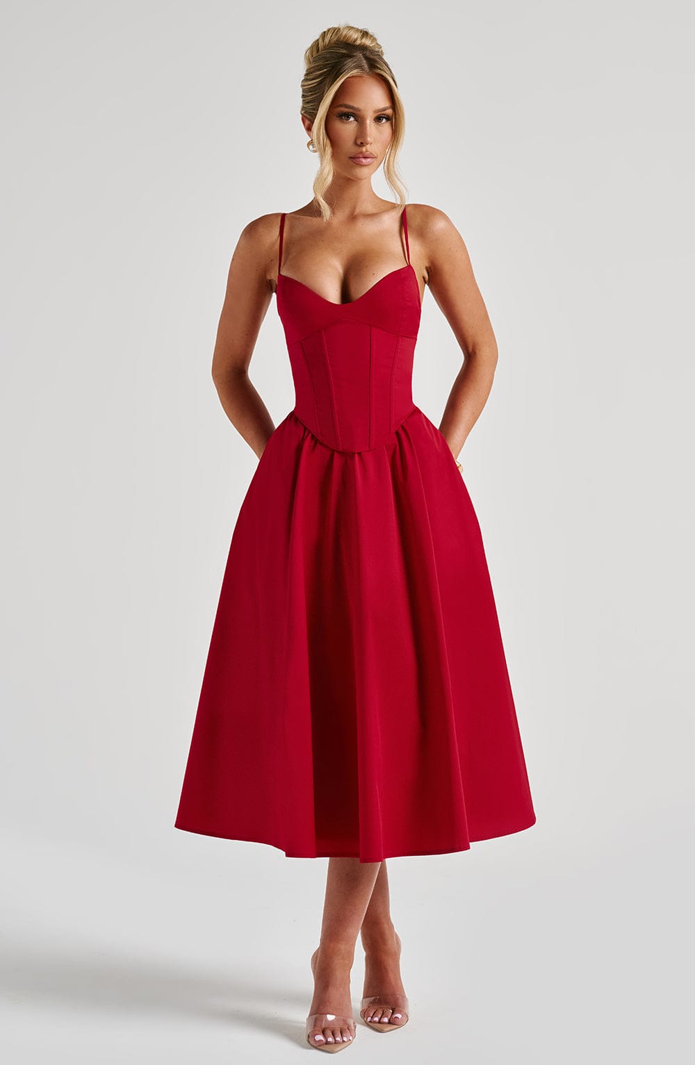 Grace – Rochie Midi Corset Elegantă Roz Blush