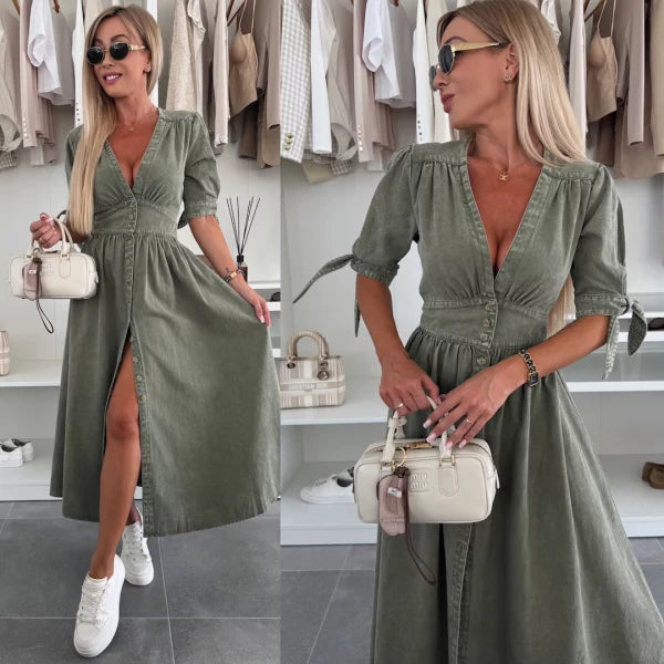 Luise – Rochie de Damă Denim Elegantă cu Detalii Strălucitoare