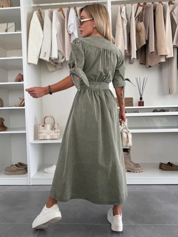 Luise – Rochie de Damă Denim Elegantă cu Detalii Strălucitoare