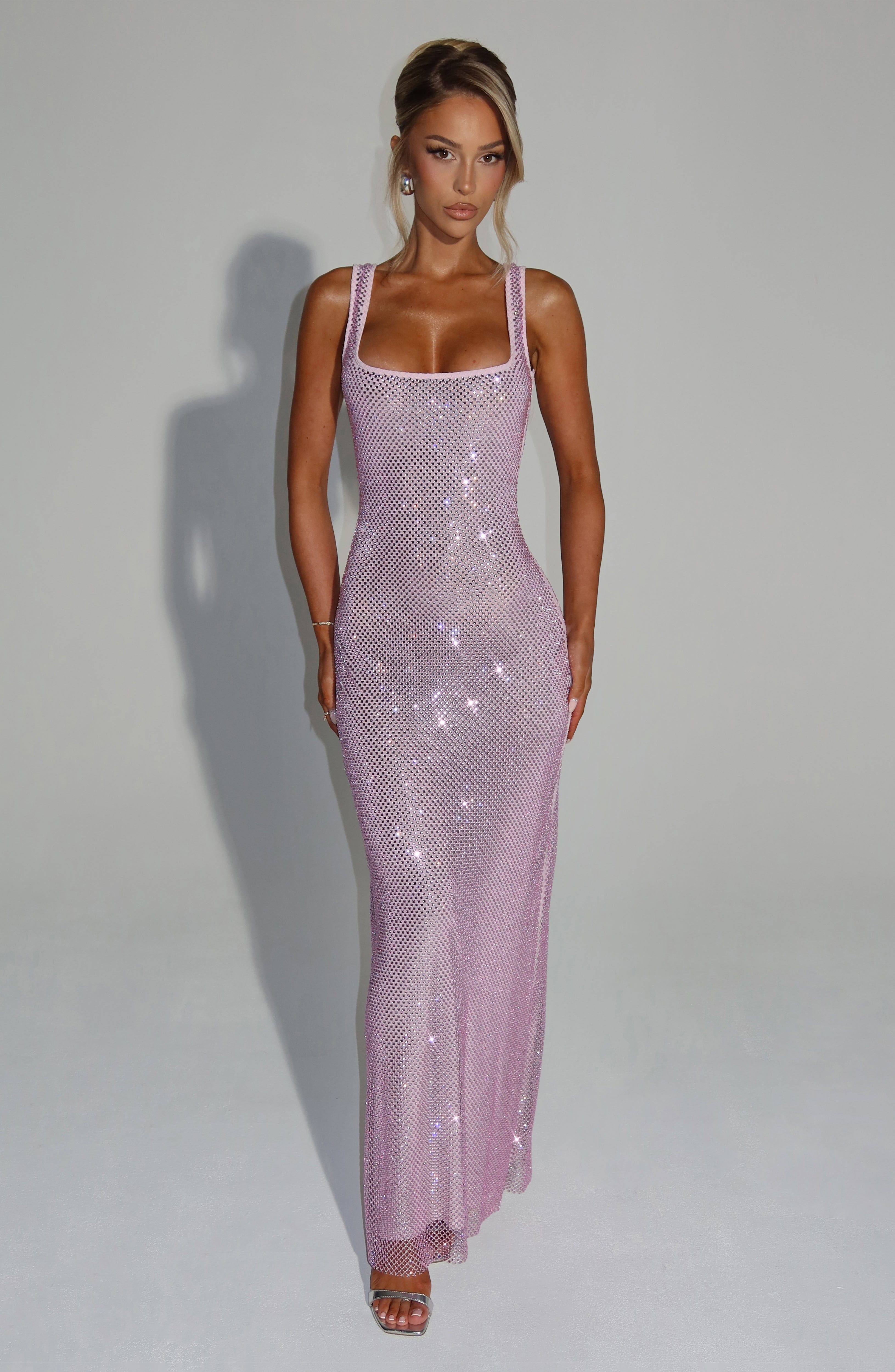 Sariel – Rochie Maxi Strălucitoare Bodycon cu Decolteu Pătrat