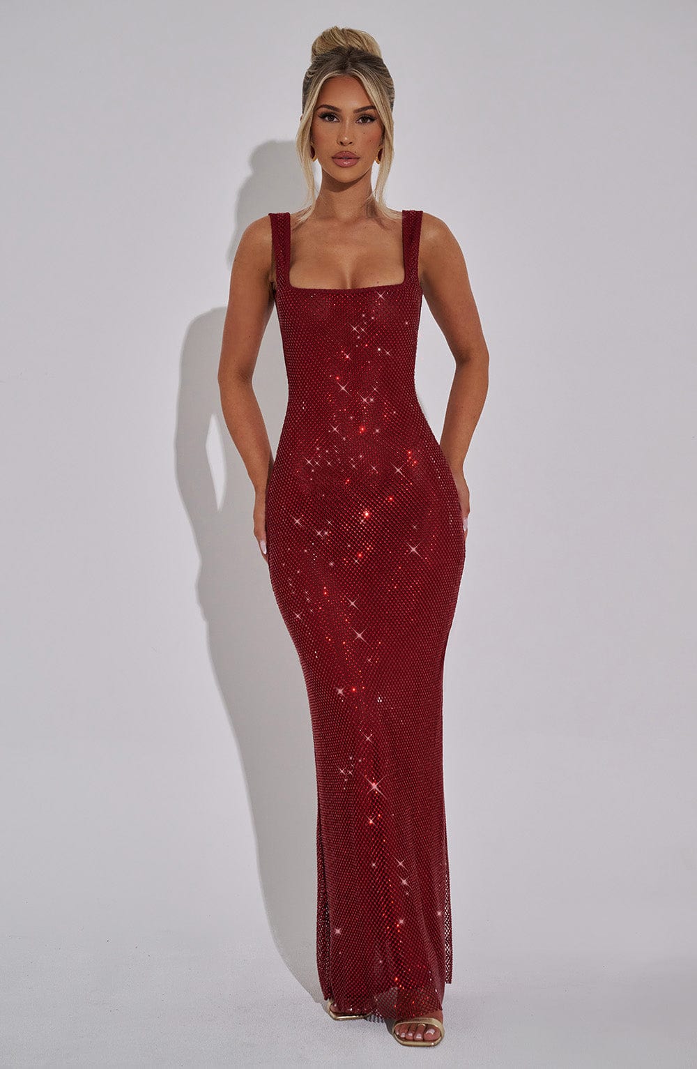 Sariel – Rochie Maxi Strălucitoare Bodycon cu Decolteu Pătrat